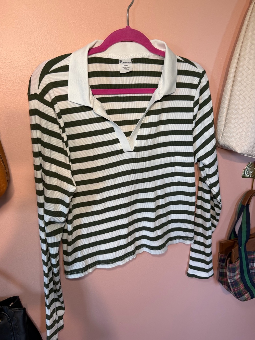 NWT No Boundaries Olive & White Striped Polo Shirt